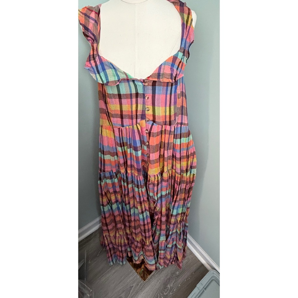 Pilcro Anthropologie Rainbow Plaid Tiered Maxi Dress NWT 2X Open Back Ruffle
